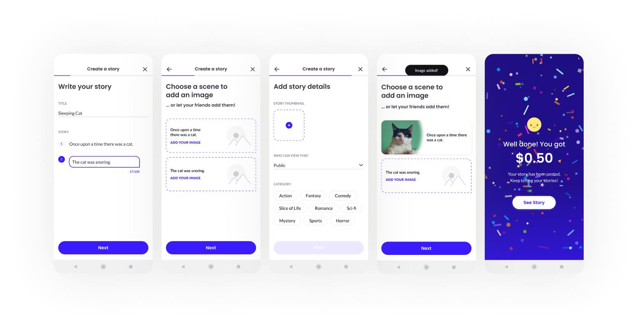 Create-a-story flow: write the story, choose scenes to illustrate, set details and visibility, then a reward screen showing the amount earned
