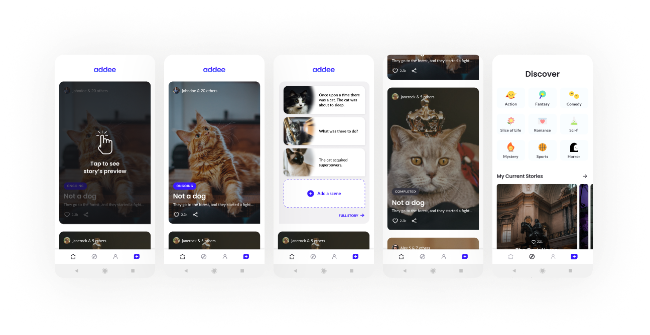 Home feed, story scenes and Discover screens from the shipped app