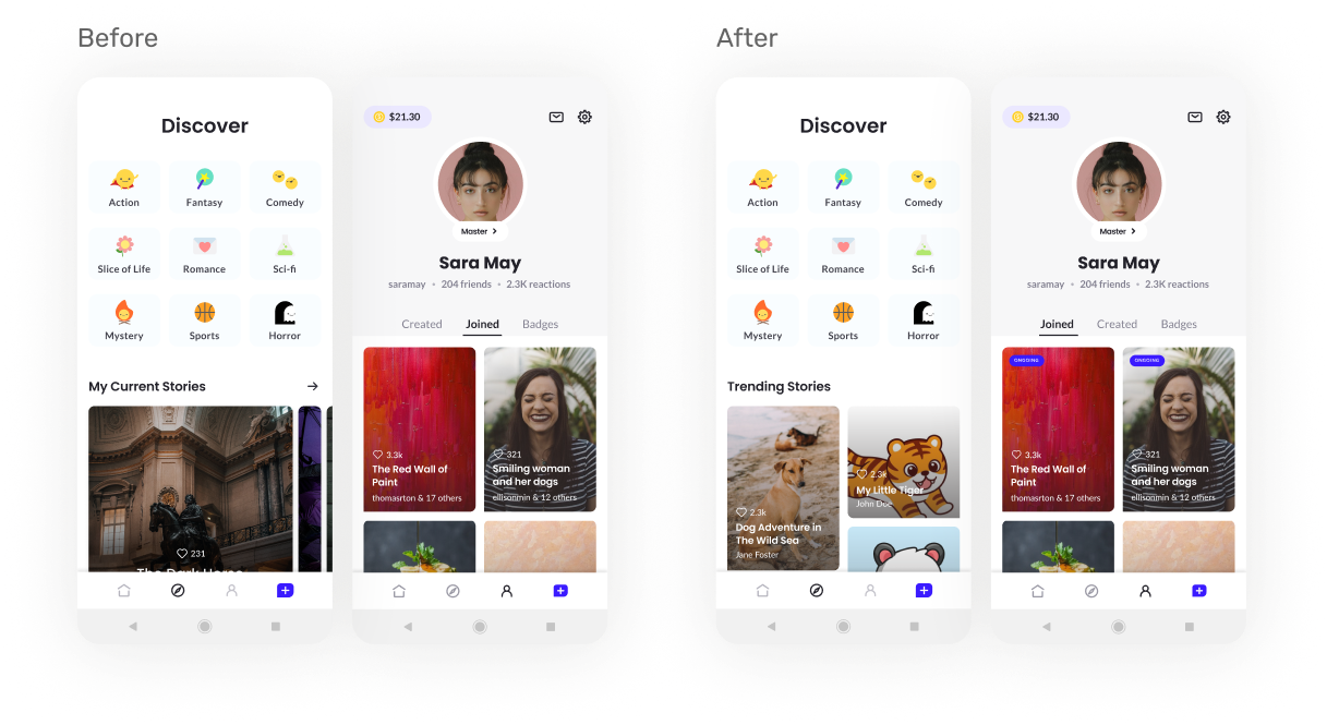 Before and after: Discover and Profile screens, showing current stories moved from Discover to Profile with ongoing and completed chips