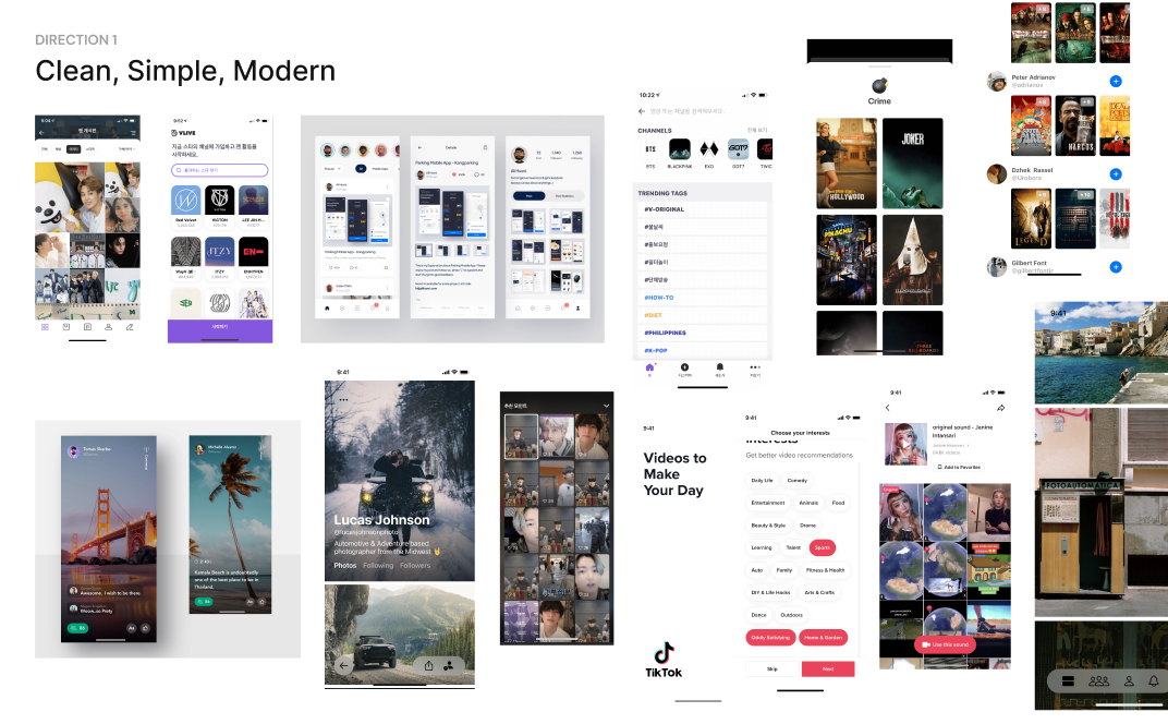 Moodboard for the chosen direction, labelled Clean, Simple, Modern