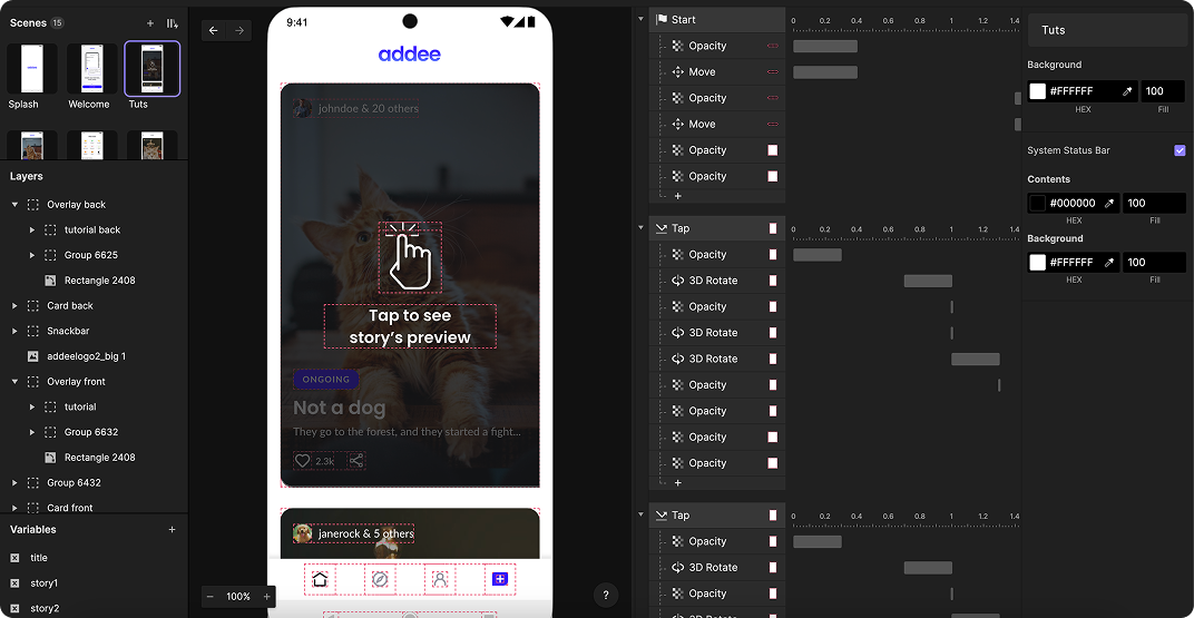 The Protopie workspace showing the layered interaction timeline for the story preview tutorial