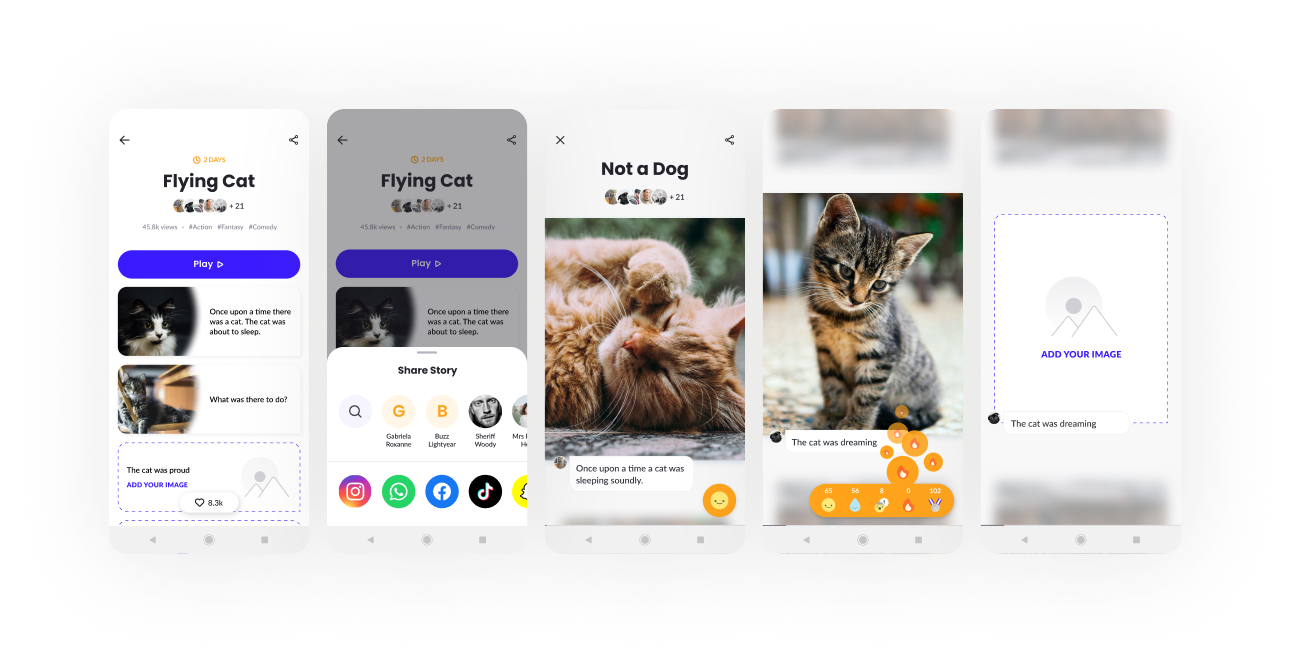 Story viewing, sharing, and reaction screens, including adding your own scene to someone else's story