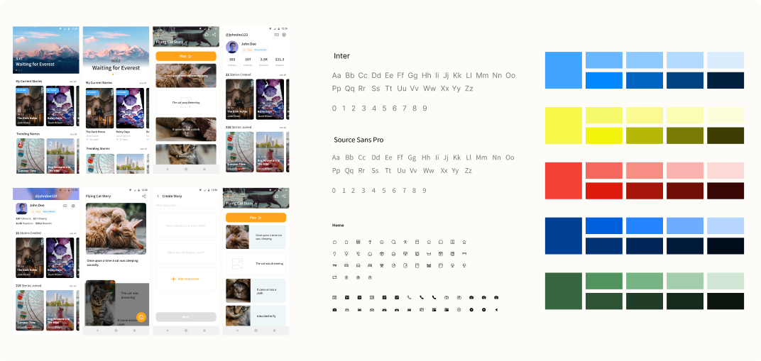 Visual system: key screens alongside the Inter and Source Sans Pro type scales, icon set and colour palette
