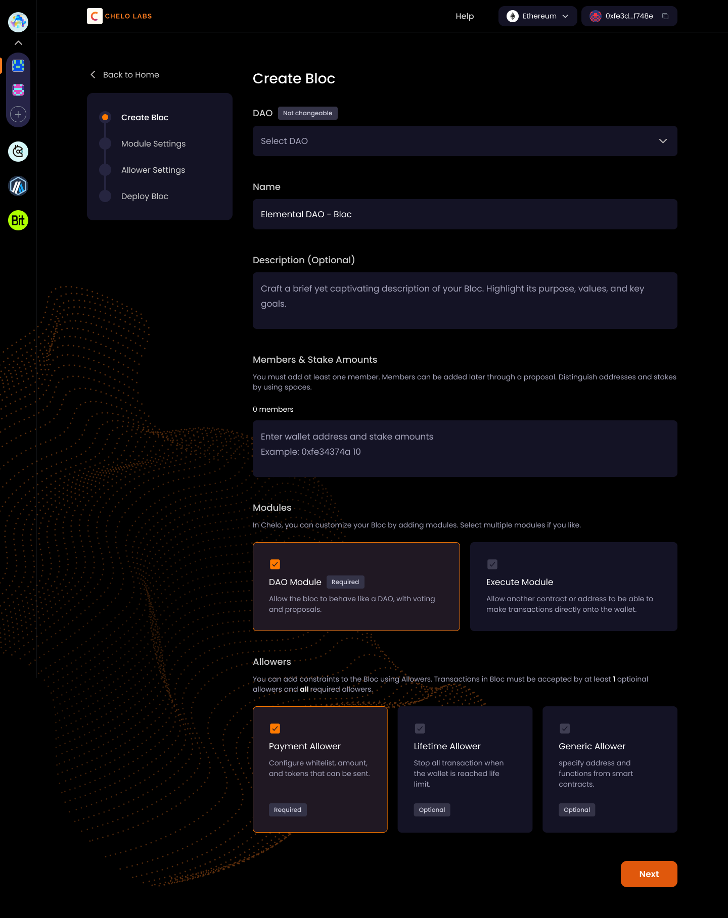 Step one of Bloc creation: DAO selection marked Not changeable, name, description, members and stake amounts, module selection, and allower selection