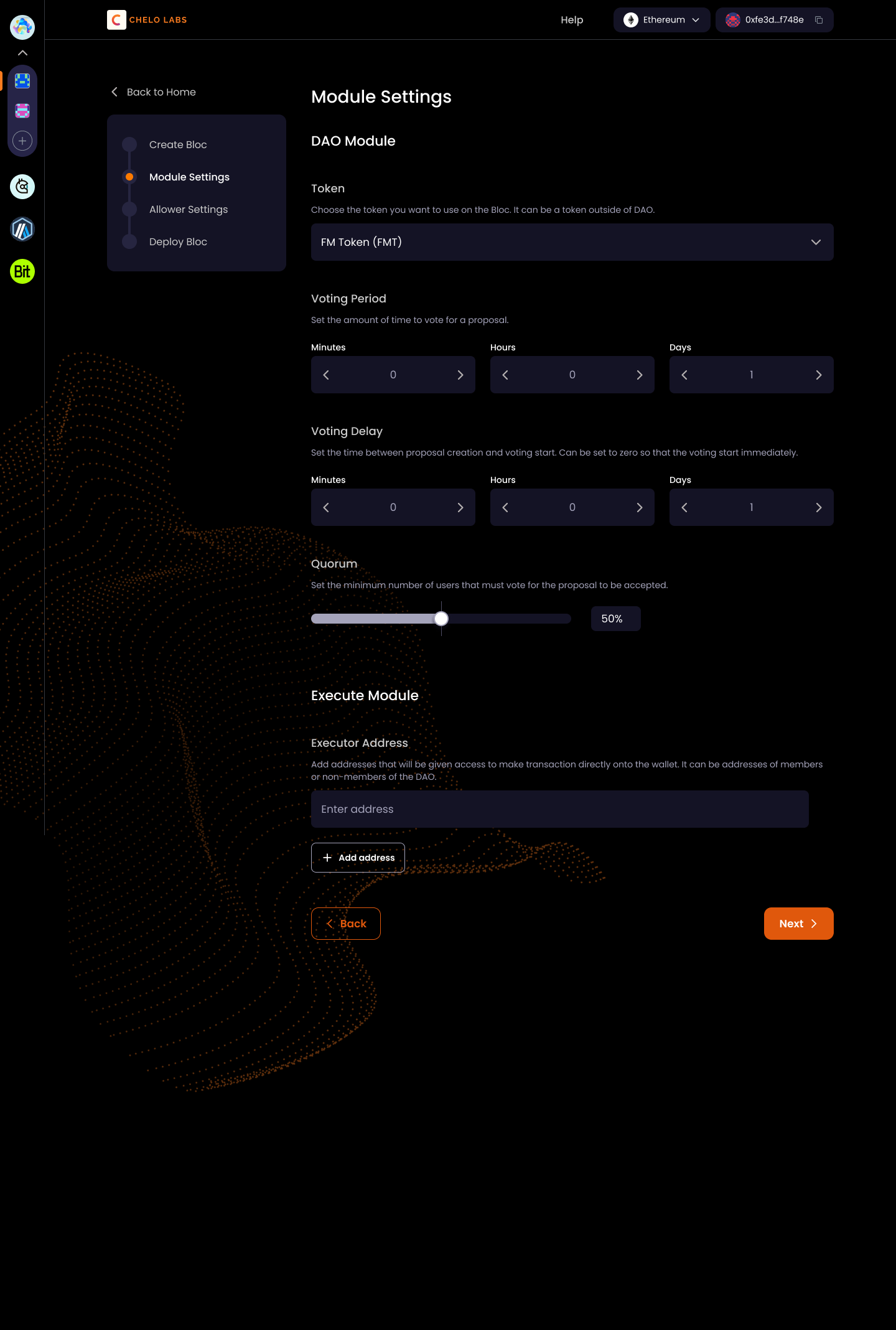 Module settings: token selection, voting period and voting delay steppers, a quorum slider at fifty percent, and executor addresses