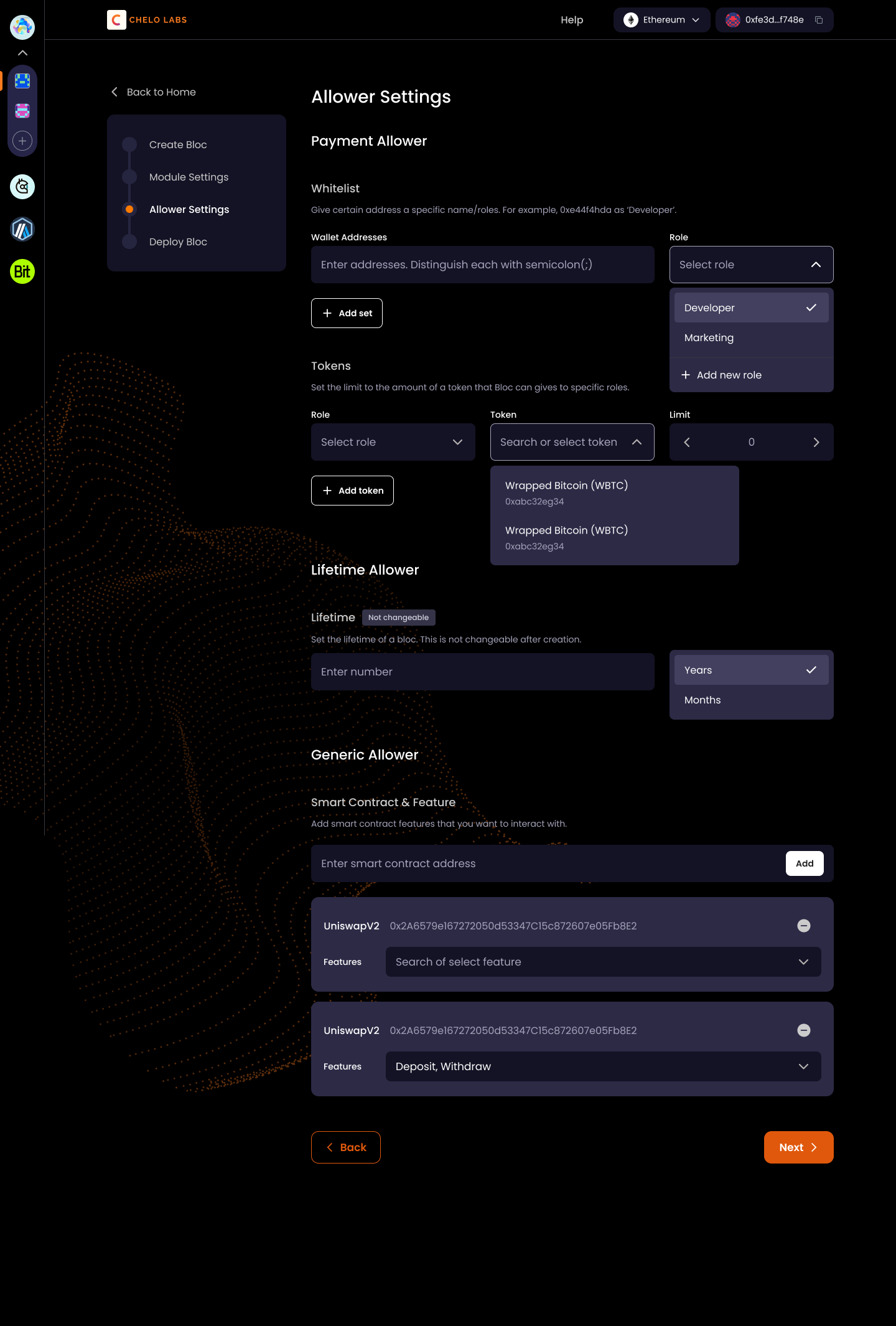 Allower settings: a whitelist mapping addresses to roles such as Developer and Marketing, per-role token limits, a lifetime field marked Not changeable, and smart contract feature permissions