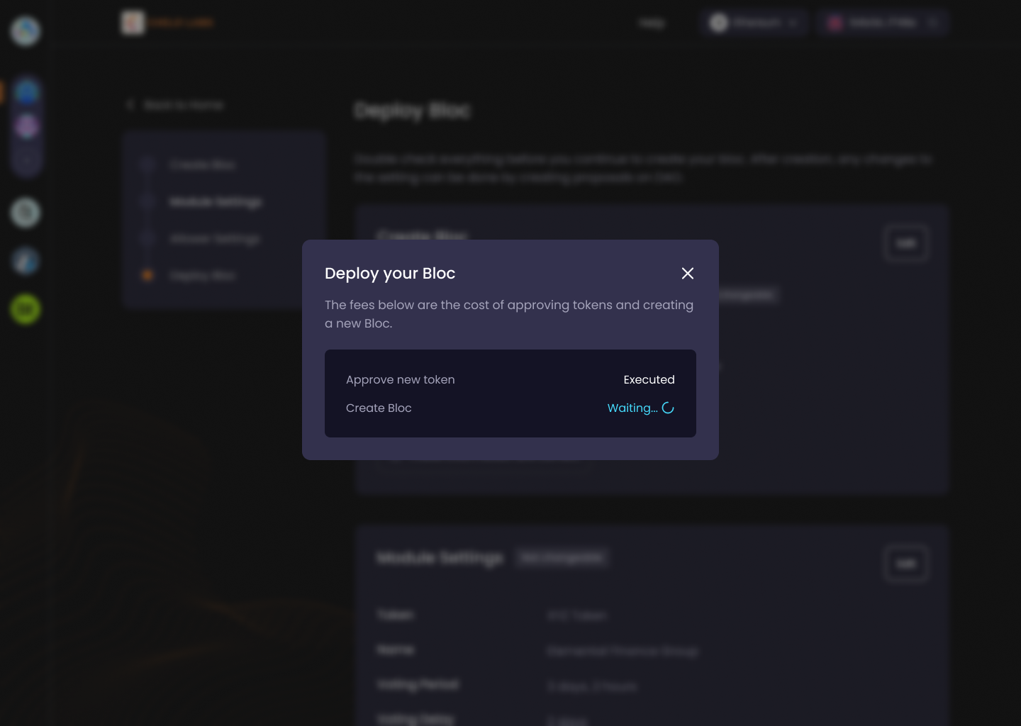 Deploy step: a review of every setting with per-section edit buttons, and a modal tracking two separate transactions — approve new token executed, create Bloc waiting