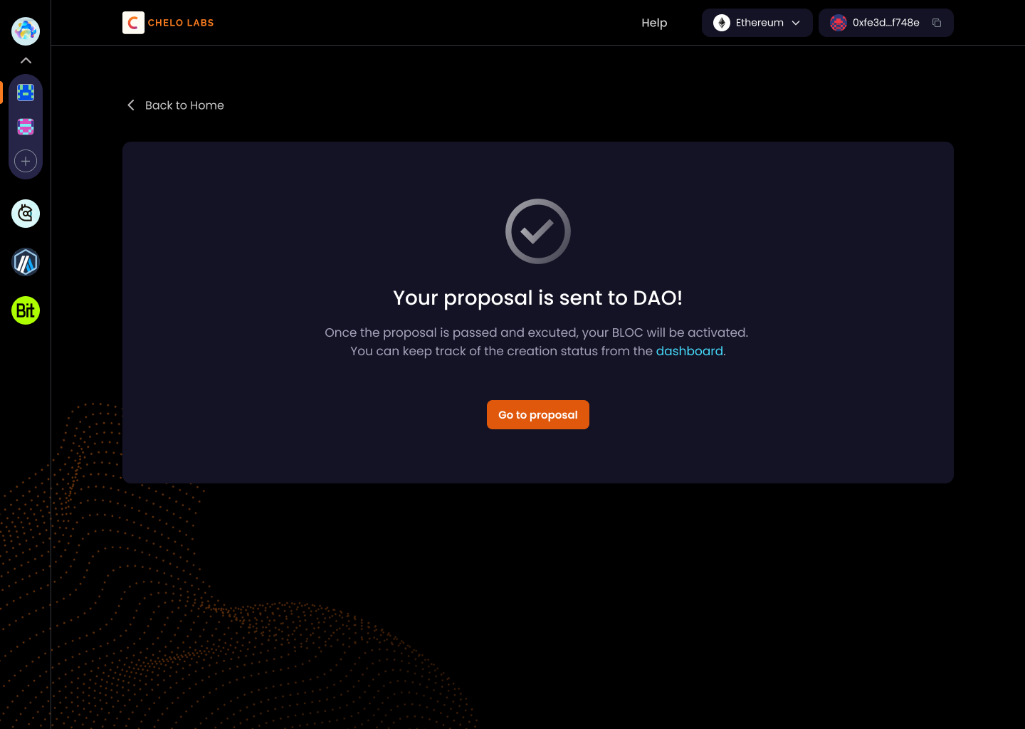 Confirmation screen reading “Your proposal is sent to DAO” — the Bloc activates only once the proposal passes and executes