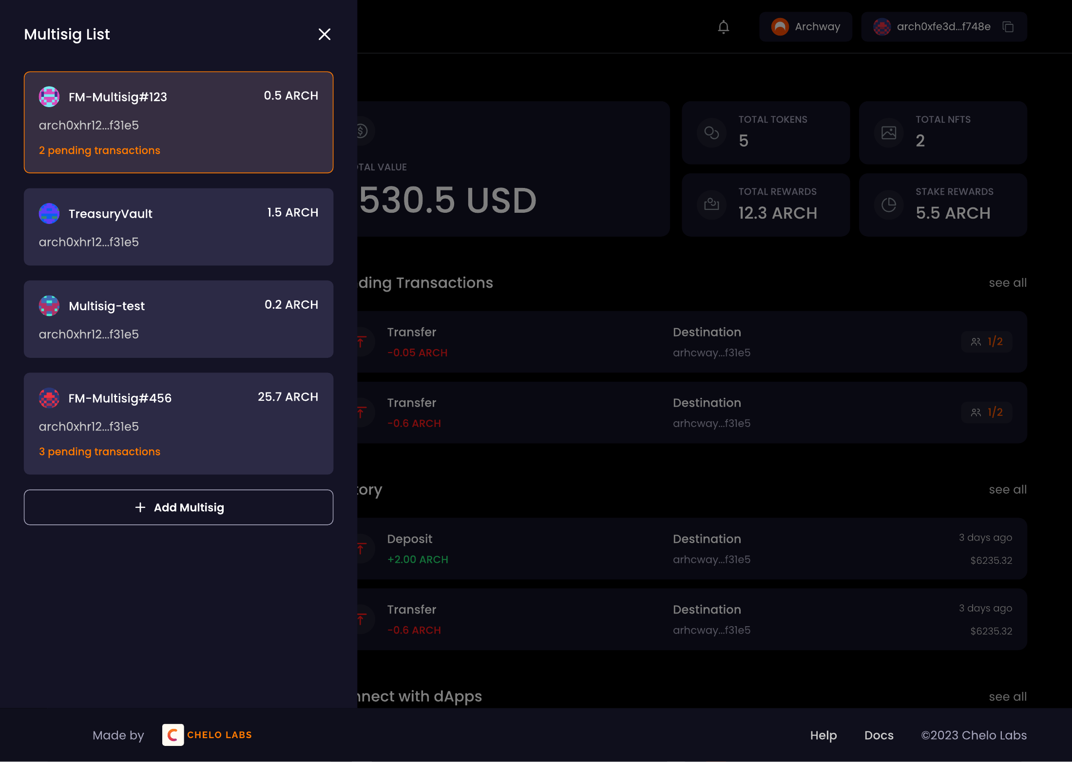 Multisig switcher listing four multisigs with balances, two of them flagged with pending transaction counts