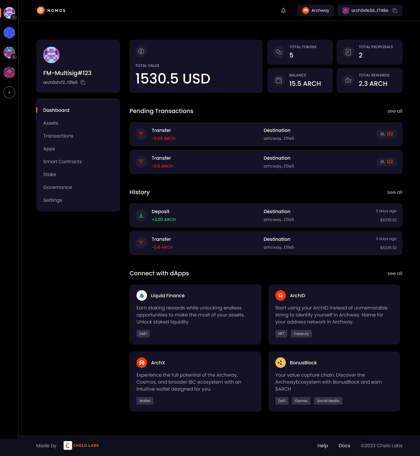 Nomos dashboard showing total value, token and proposal counts, pending transactions each carrying a one-of-two signer badge, transaction history, and connected dApps