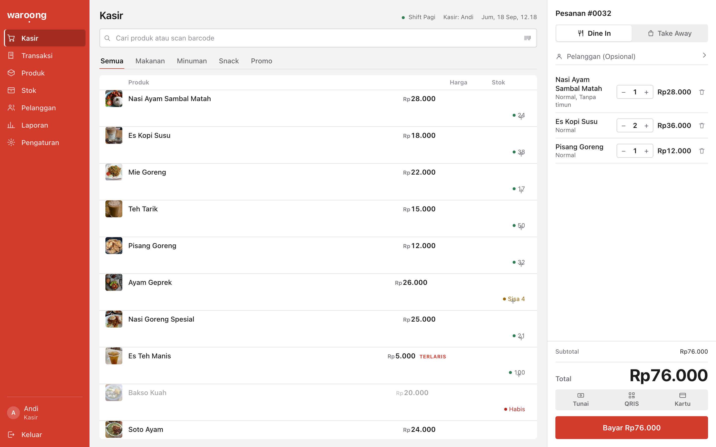 The same menu rendered as a table: a sticky header reading Produk, Harga, Stok, then compact rows with a small thumbnail, name, right-aligned price and stock count