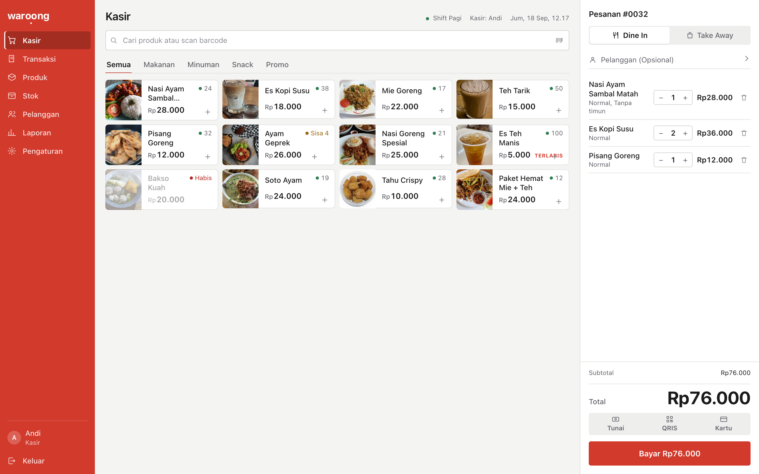 The Kasir screen: red navigation sidebar, a search field, category tabs, a four-column product grid with small square photos, and an order panel on the right showing three items, a large total and a single red pay button